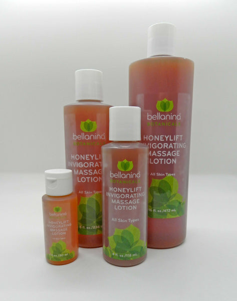 a 1 oz. and a 4 oz. and an 8 oz. and a 16 oz. bottle of Honeylift Invigorating Massage Lotion