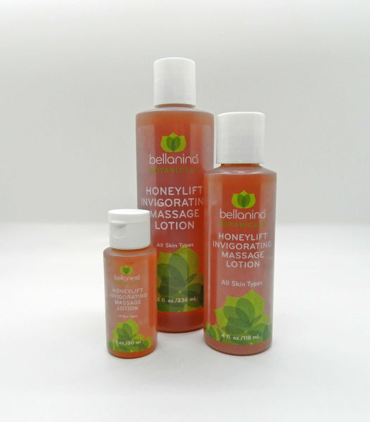a 1 oz. and a 4 oz. and an 8 oz. bottle of Honeylift Invigorating Massage Lotion