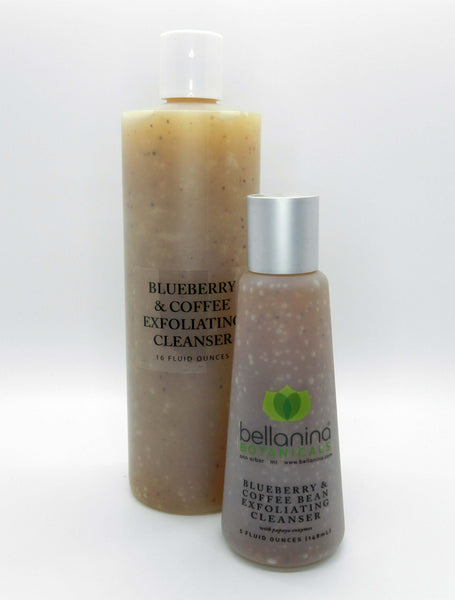 a 5 oz. and a 16 oz. bottle of Blueberry & Coffee Bean Exfoliating Cleanser