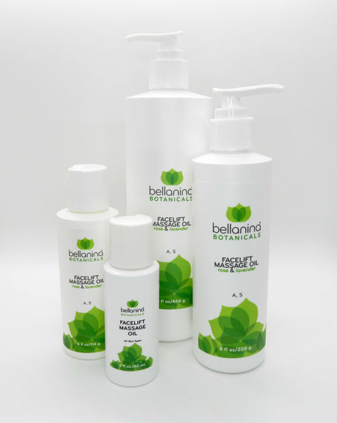 a 2 oz. and a 4 oz. and an 8 oz. and a 16 oz. bottle of Facelift Massage Oil