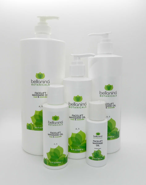 a 2 oz. and a 4 oz. and an 8 oz. and a 16 oz. and a 32 oz. bottle of Facelift Massage Oil