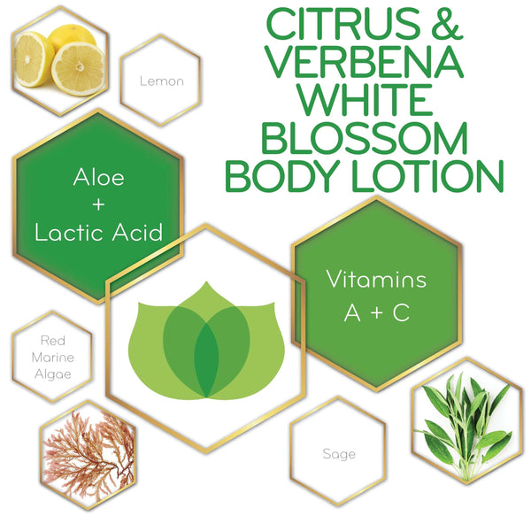 graphic of Citrus & Verbena White Blossom Body Lotion and its key ingredients