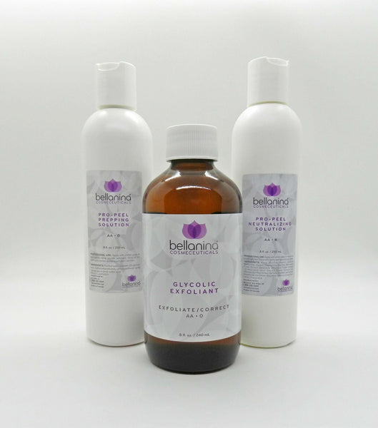 bottle of Glycolic 30% Exfoliant with bottle of prep solution and a bottle of neutralizing solution