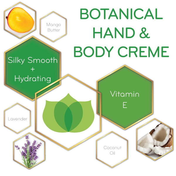 graphic of Botanical Hand & Body Creme adn its key ingredients