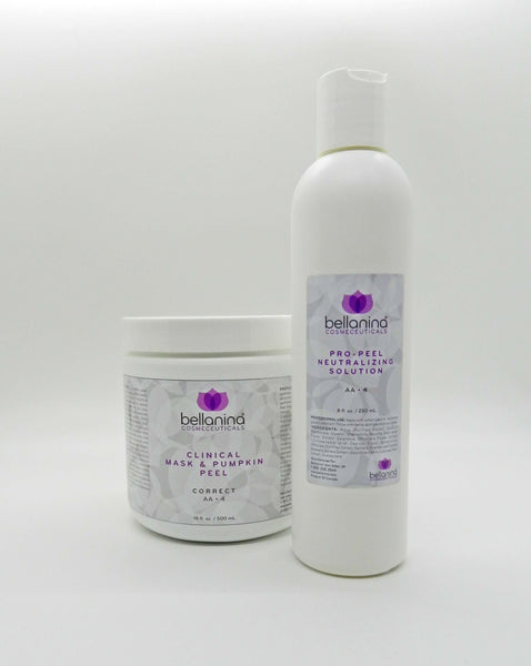 an 8 oz. bottle of Pro Peel Neutralizing Solution and an 18 oz. jar of Clinical Mask and Pumpkin Peel