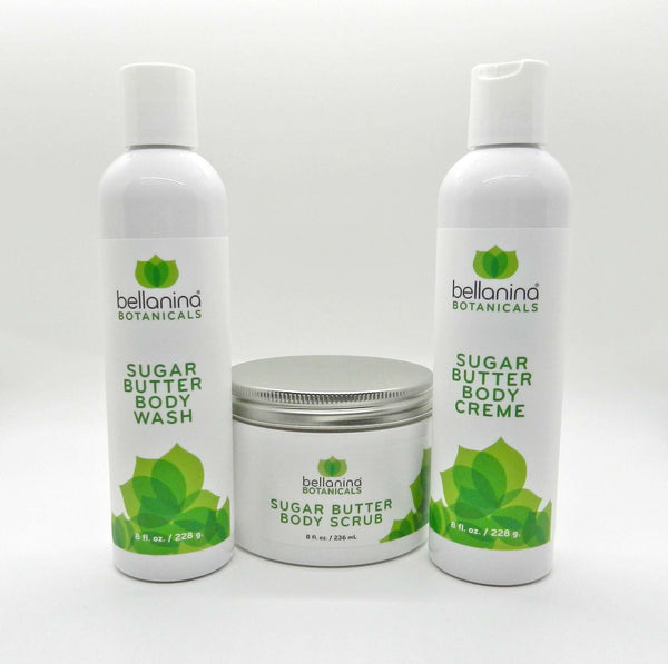 8 oz. bottle of Sugar Butter Body Creme and an 8 oz. bottle of Sugar Butter Body Wash and an 8 oz. jar of Sugar Butter Body Scrub