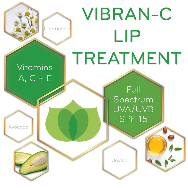 graphic of Vibran-C Lip Treatment SPF 15 and its key ingredients